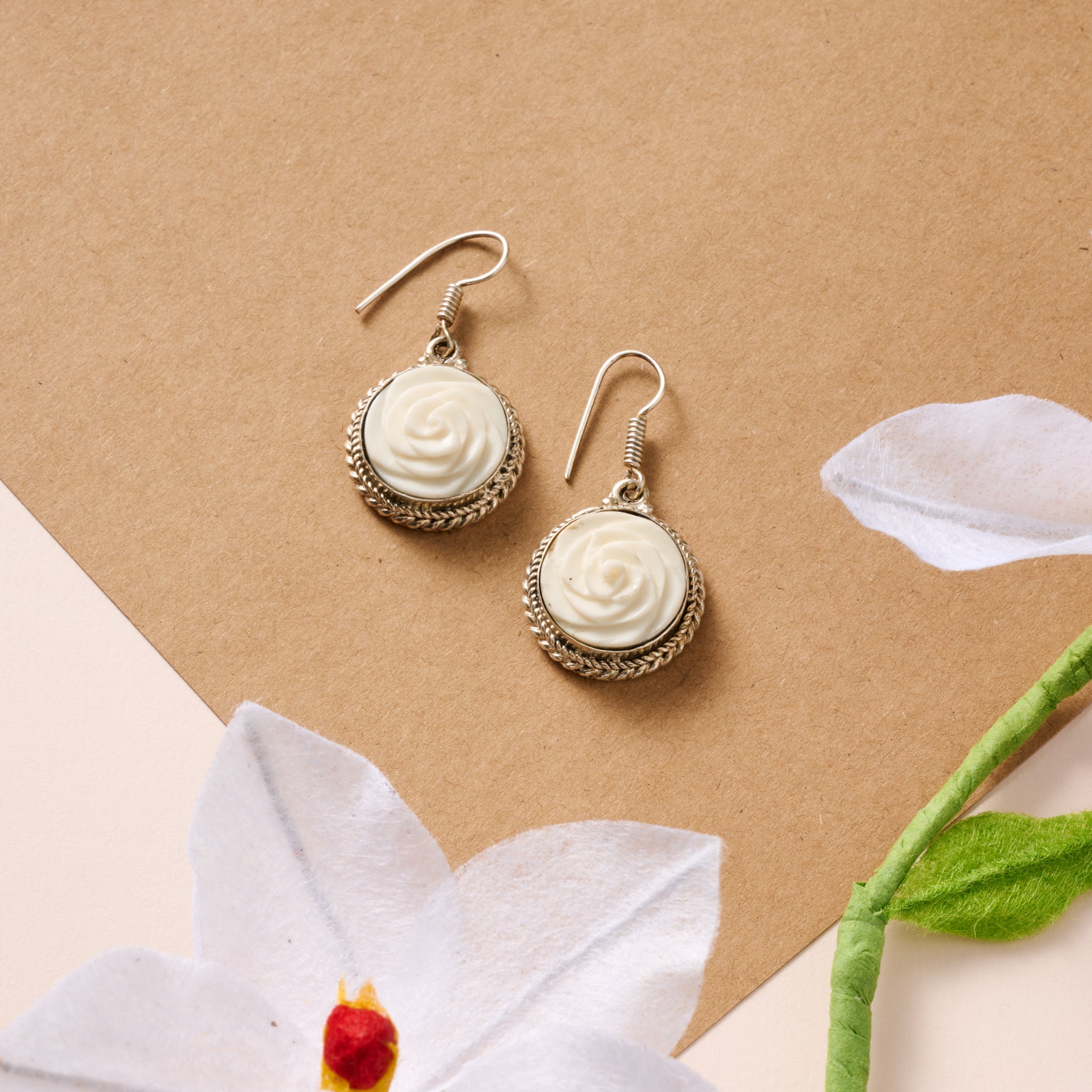 Bagaica Rose Carved Bone Earrings