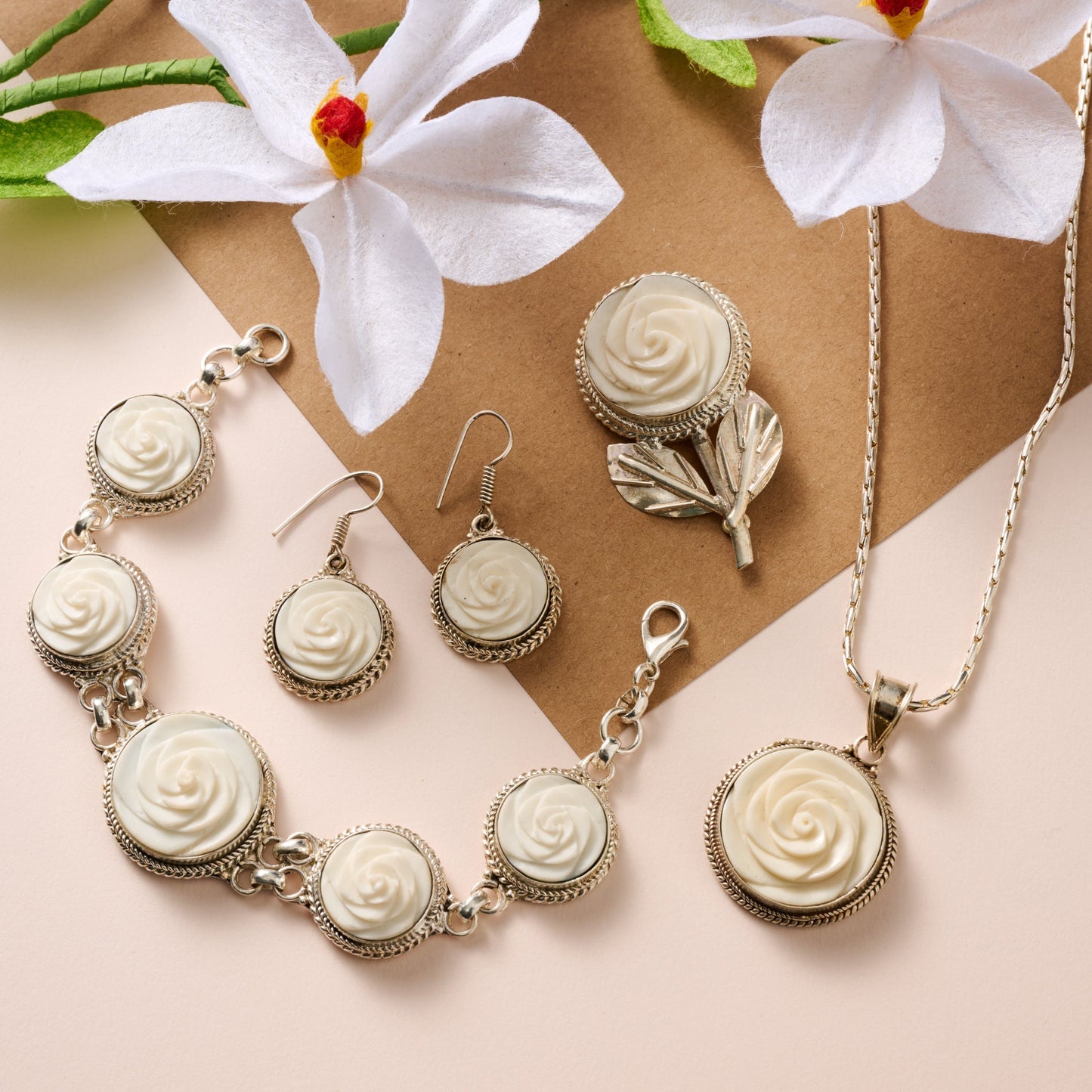 Bagaica Rose Carved Bone Pin