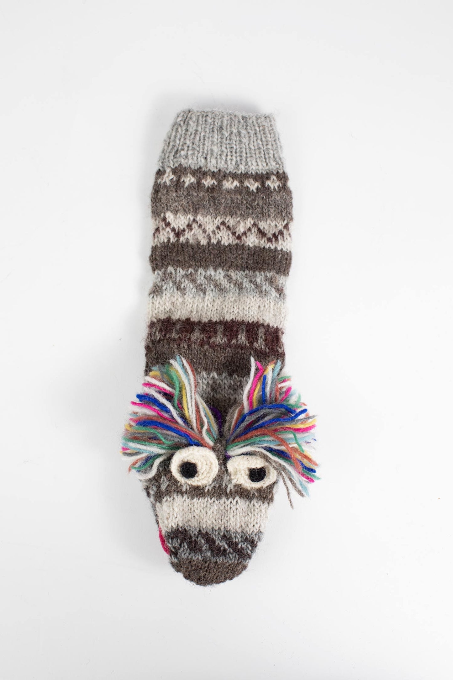 Puppet sock monster wild hair wool 14L gray/multi