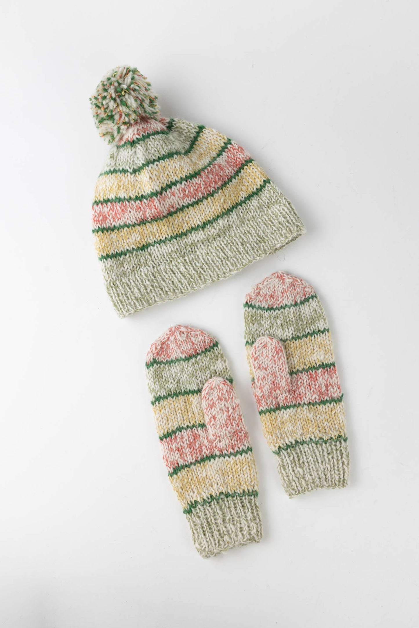 Hat striped w/pompom wool/cotton grn/red/yel/wht
