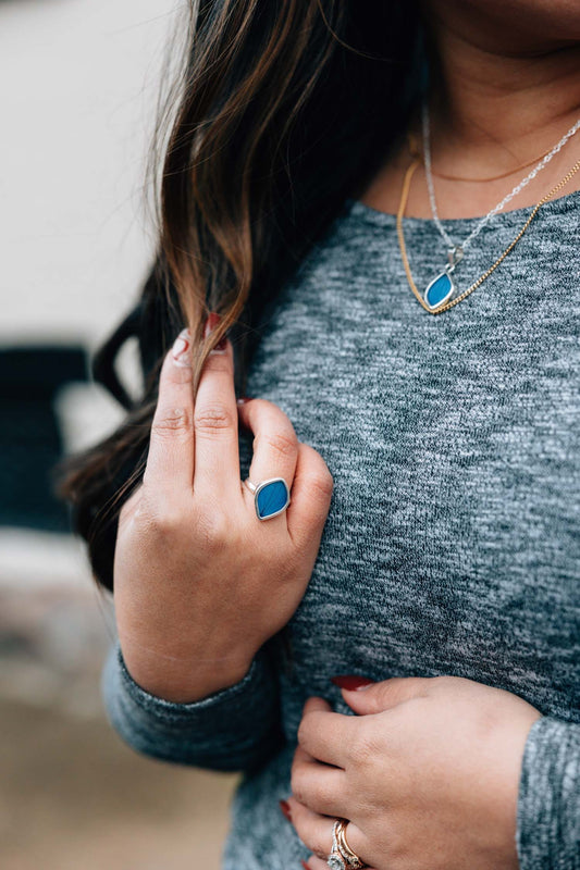 Ring cuff flower petal sterling .75L/.75D silv/blu