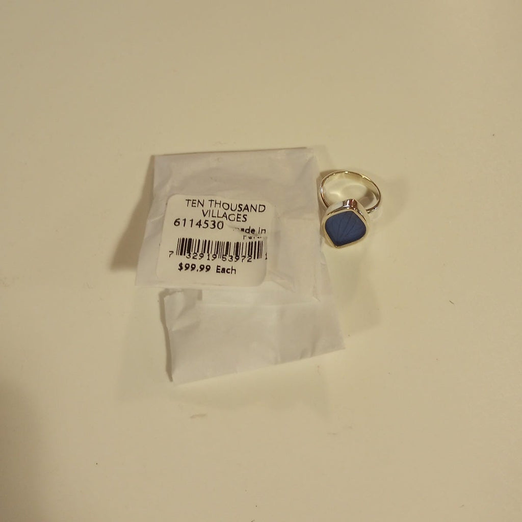 Ring cuff flower petal sterling .75L/.75D silv/blu
