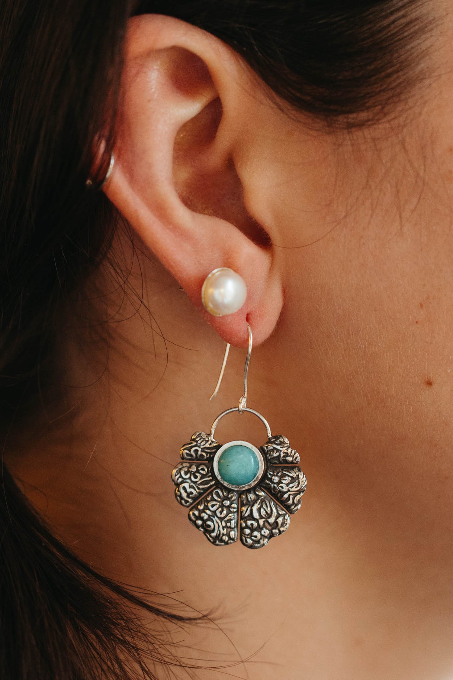 Earrings floral fan amazonite/strlg 1.5L silv/aqua