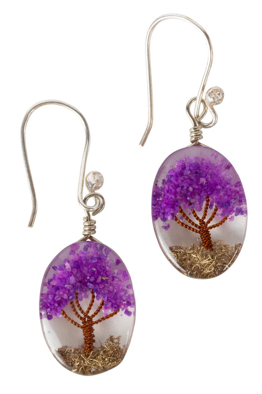 Earrings arbor tree oval resin/stn 1.5L prpl/clear