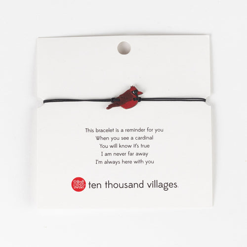 Card reads "This bracelet is a reminder for you. When you see a cardinal you will know it's true. I am never far away I'm always here with you."