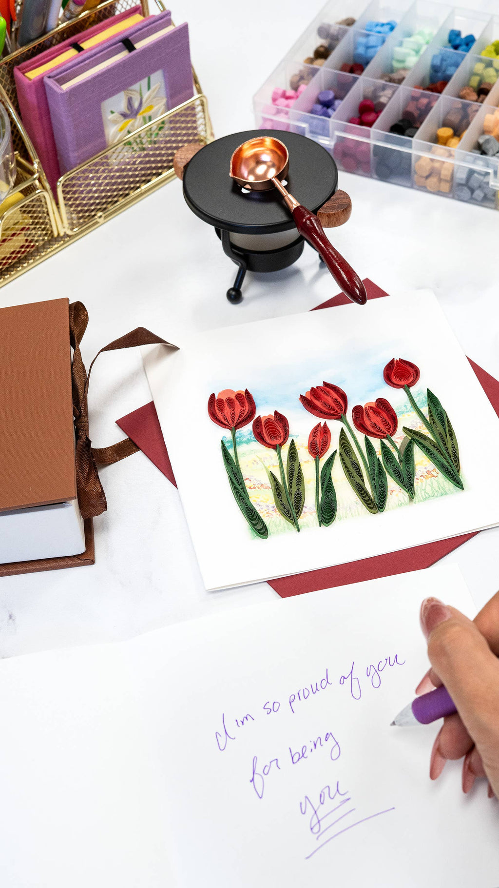 Quilled Greeting Card, "Red Tulip Field"