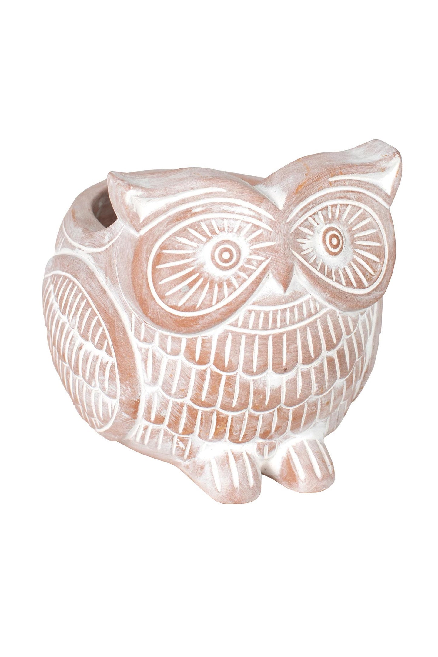 Planter owl terra cotta 7Lx5Wx6H white wash