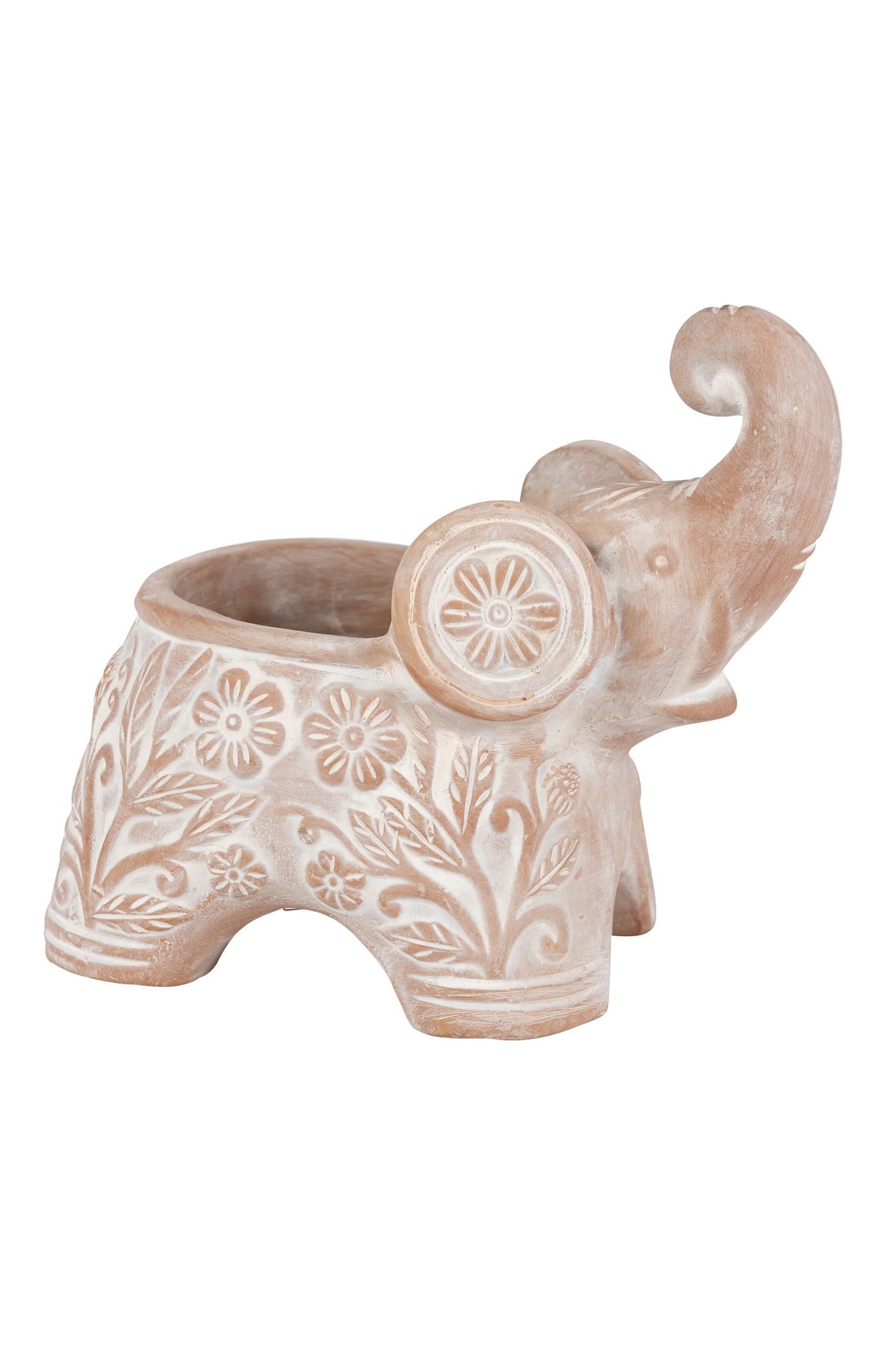 Planter elephant trunk up t-cotta 9Lx8H white wash