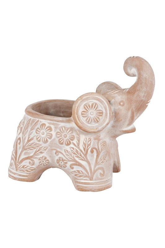 Planter elephant trunk up t-cotta 9Lx8H white wash
