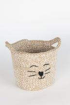 Basket S cat face jute 5Dx5.75H tan/black