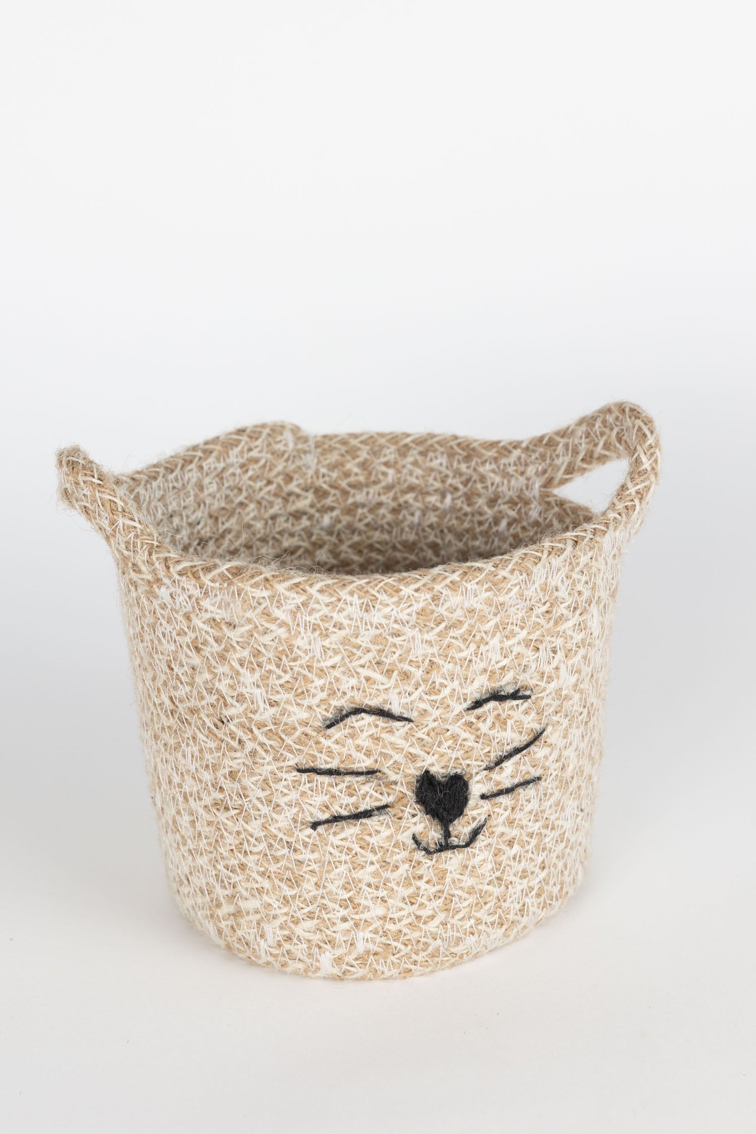 Basket S cat face jute 5Dx5.75H tan/black