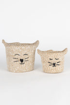 Basket S cat face jute 5Dx5.75H tan/black