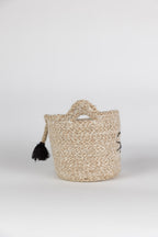 Basket S cat face jute 5Dx5.75H tan/black