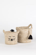 Basket S cat face jute 5Dx5.75H tan/black