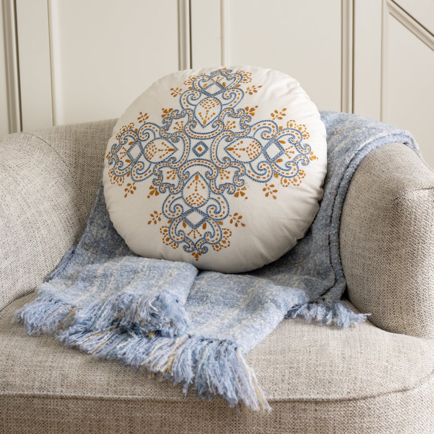 Jatila Hand Embroidered Round Pillow