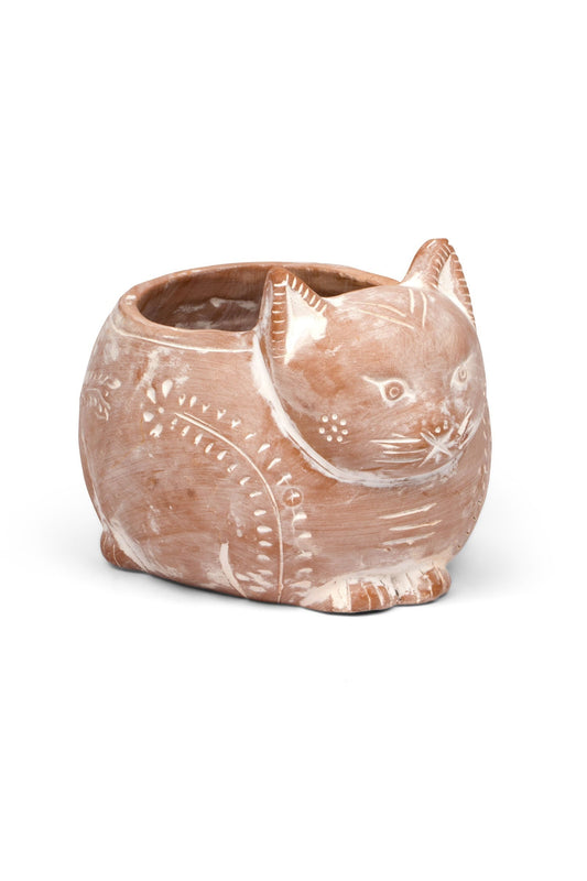 Whitewashed Terracotta Planter, "Crouching Cat", 7"