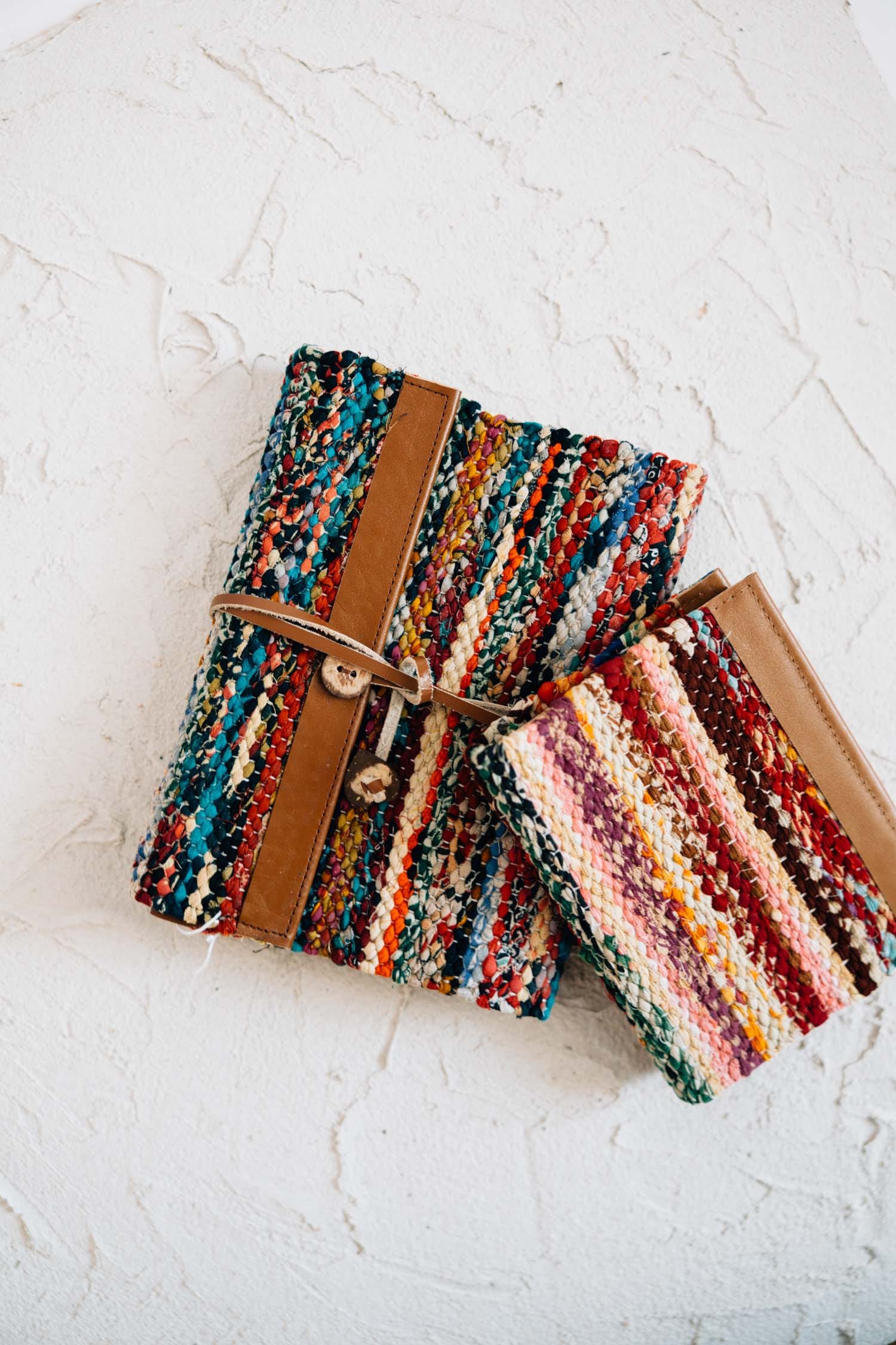 Journal woven sari w/leather/paper 5x6 brn/asst