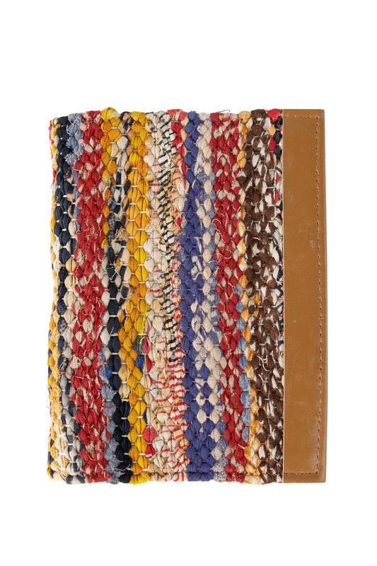 Journal woven sari w/leather/paper 5x6 brn/asst