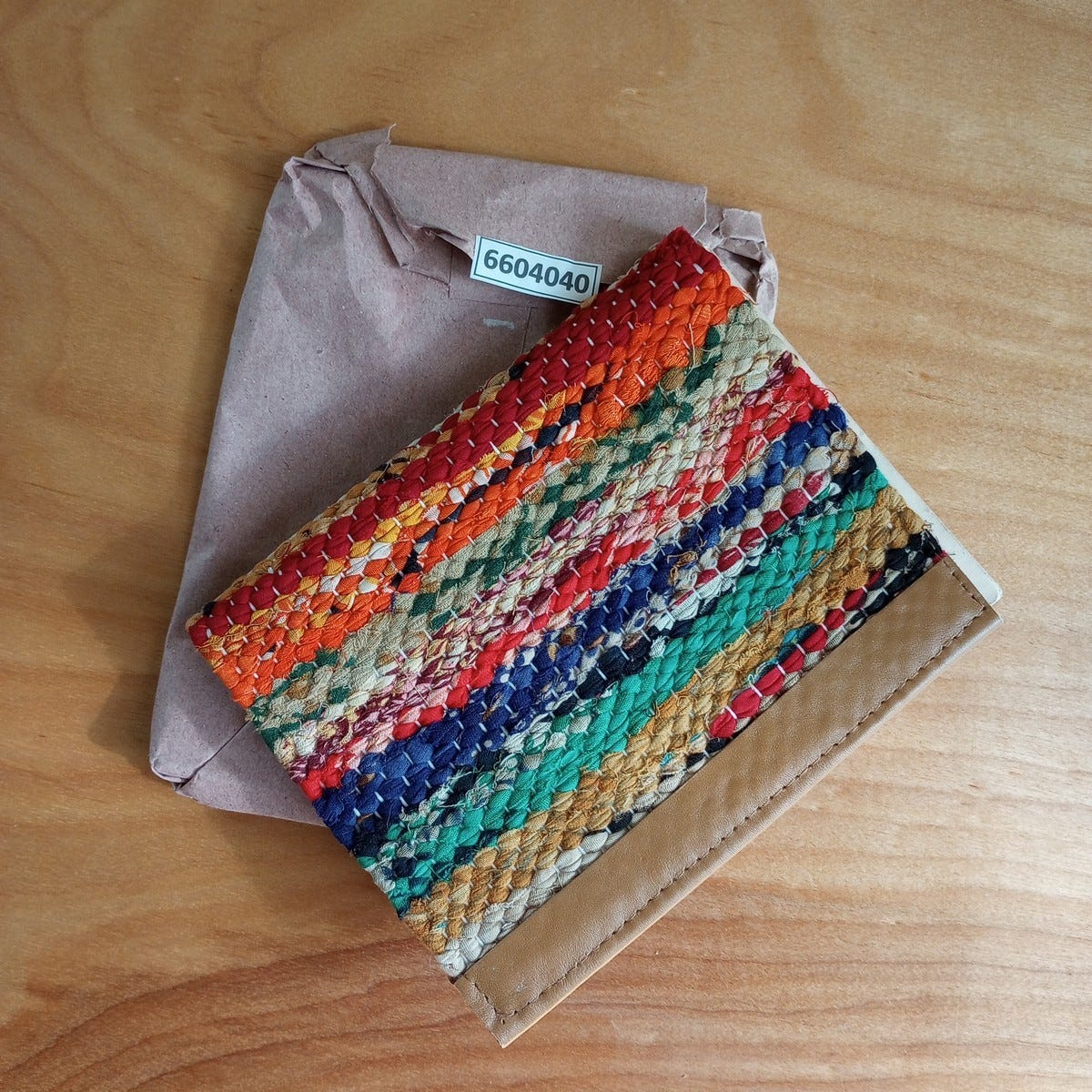 Journal woven sari w/leather/paper 5x6 brn/asst