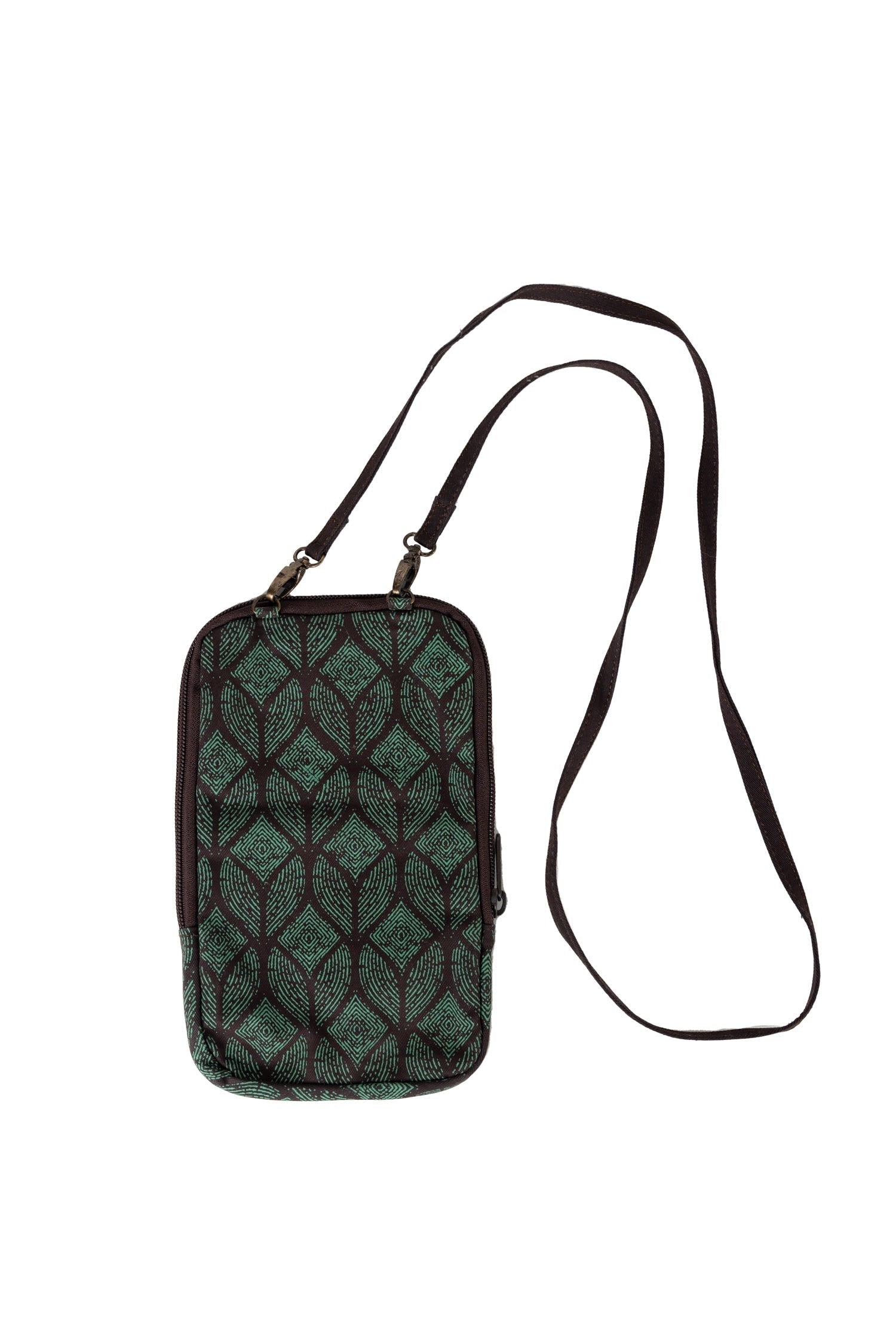 Bag festive cross body leaf cttn 5Wx9H teal/brown
