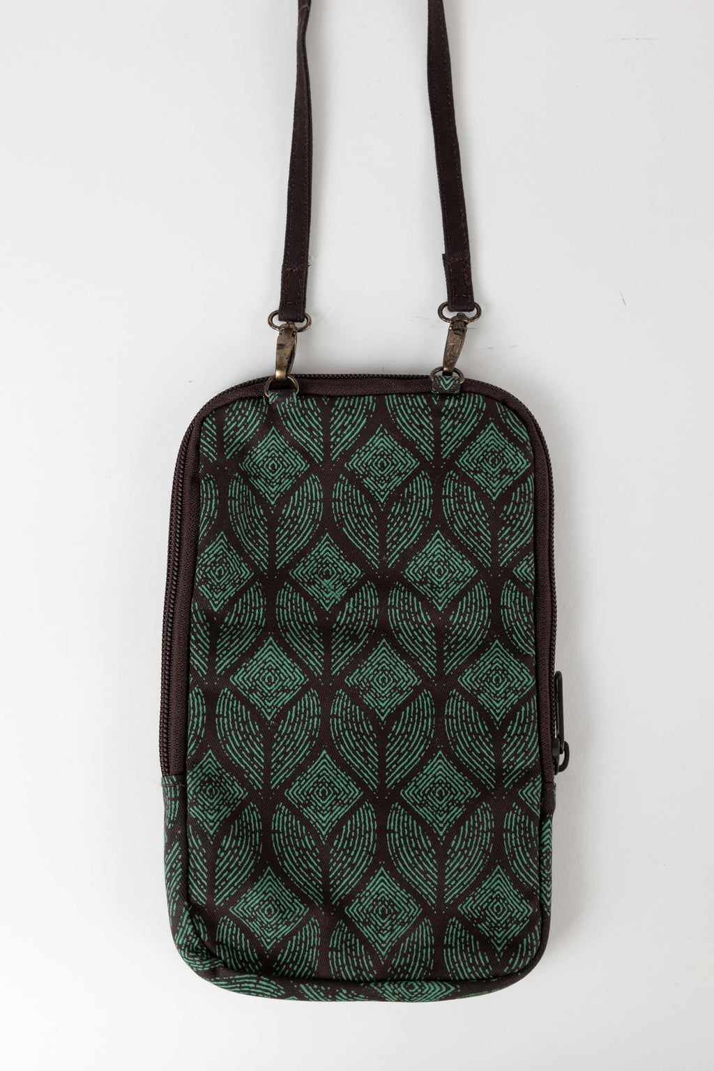 Bag festive cross body leaf cttn 5Wx9H teal/brown