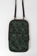 Bag festive cross body leaf cttn 5Wx9H teal/brown