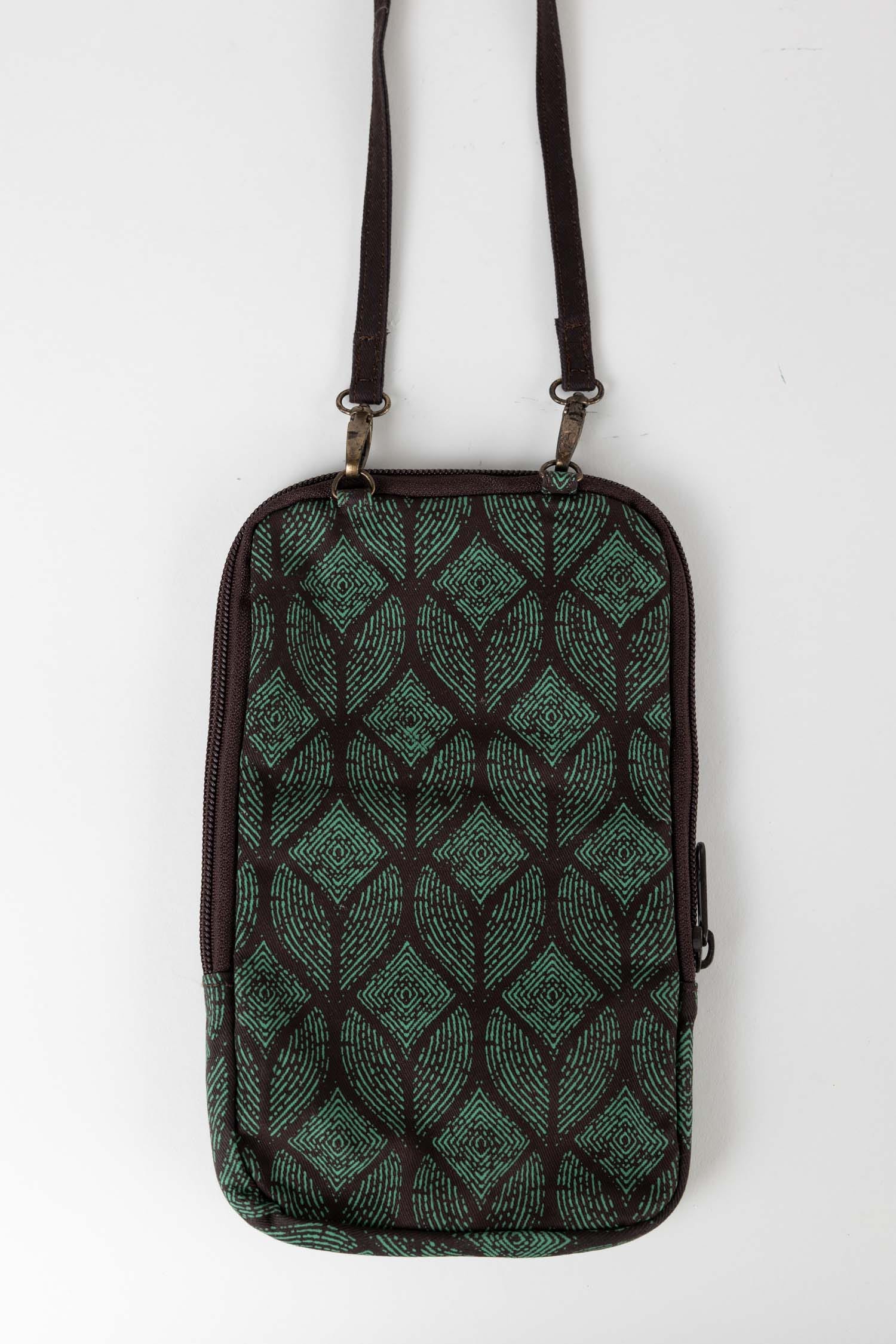 Bag festive cross body leaf cttn 5Wx9H teal/brown