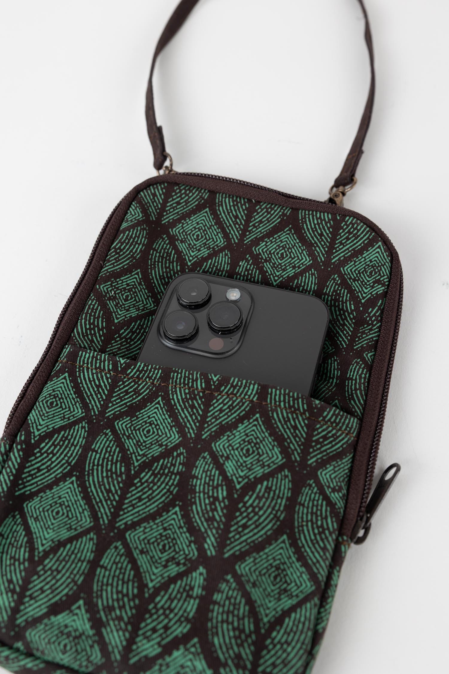 Bag festive cross body leaf cttn 5Wx9H teal/brown