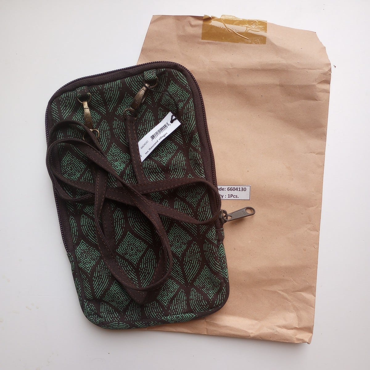 Bag festive cross body leaf cttn 5Wx9H teal/brown