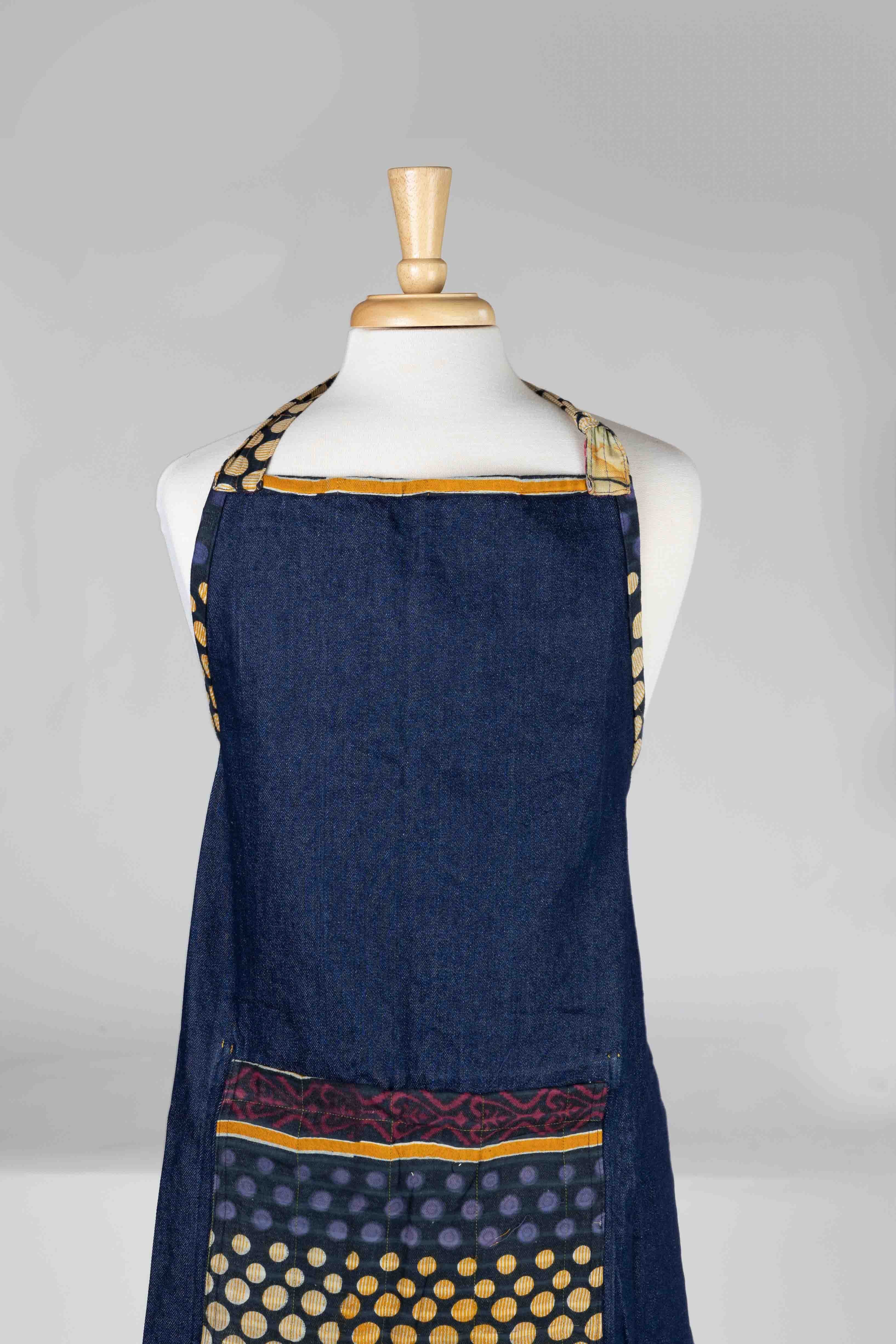 Apron reversible w/pockets sari/denim 34Lx28W asst