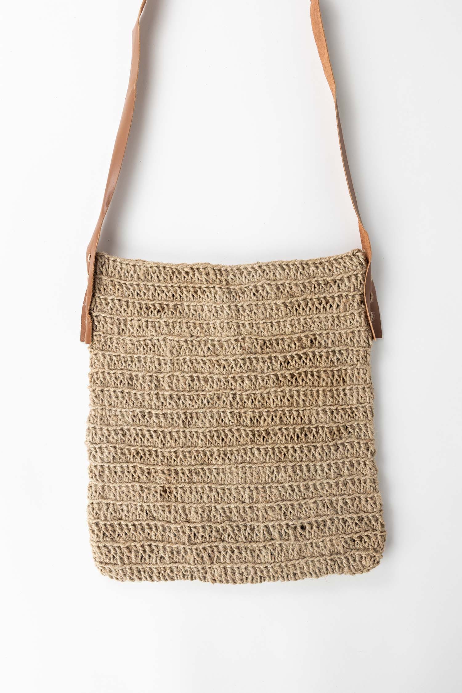 Bag shoulder crochet jute/leather 12.5D nat/brn