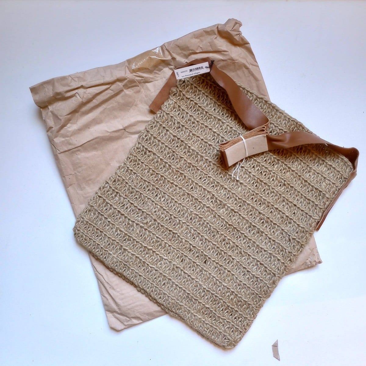 Bag shoulder crochet jute/leather 12.5D nat/brn