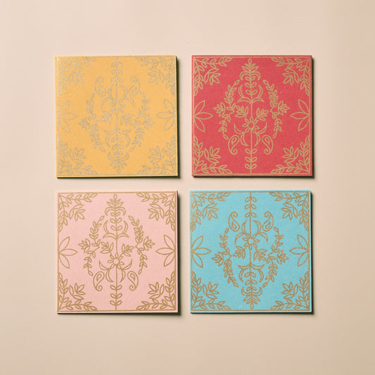 Cards s/4 vintage s-print 5sq pnk/red/yel/blue