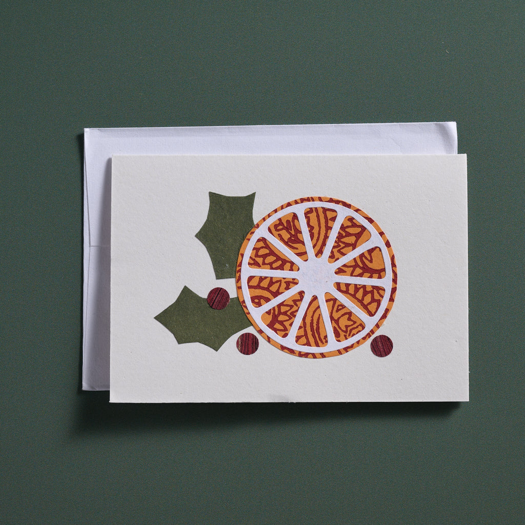 Card orange b-print M/3 paper 7x5 orng/grn/red