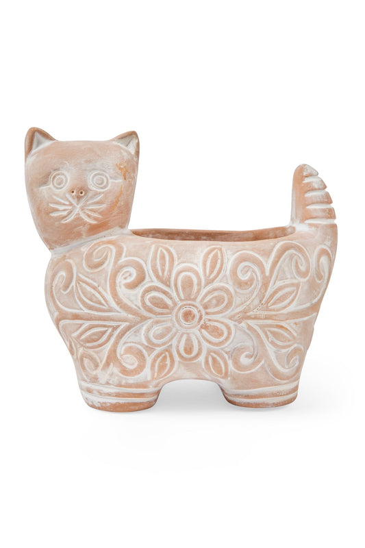 Planter cat whitewashed t-cotta 7Dx6H