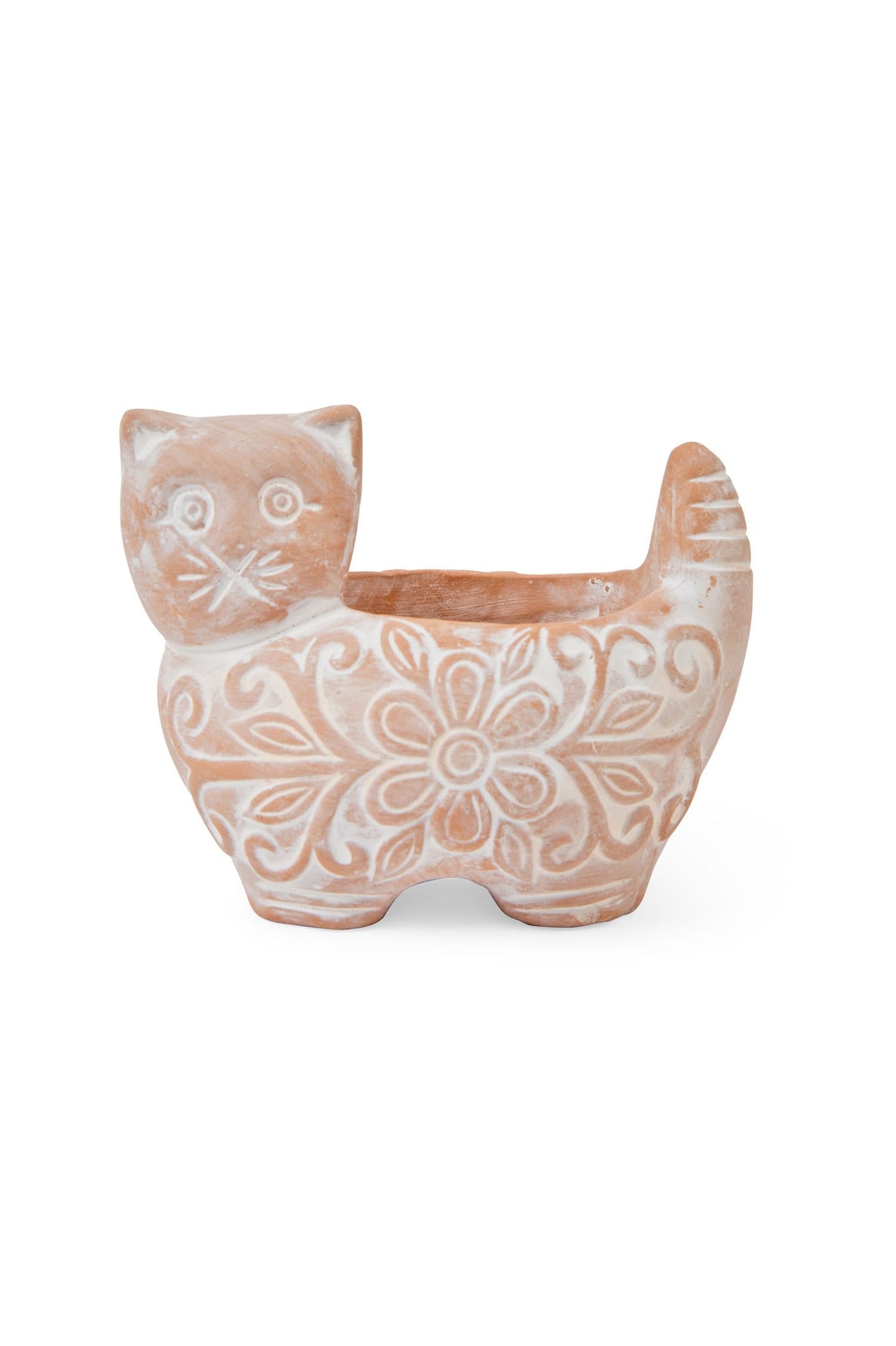 Planter cat whitewashed t-cotta 5Dx4.5H