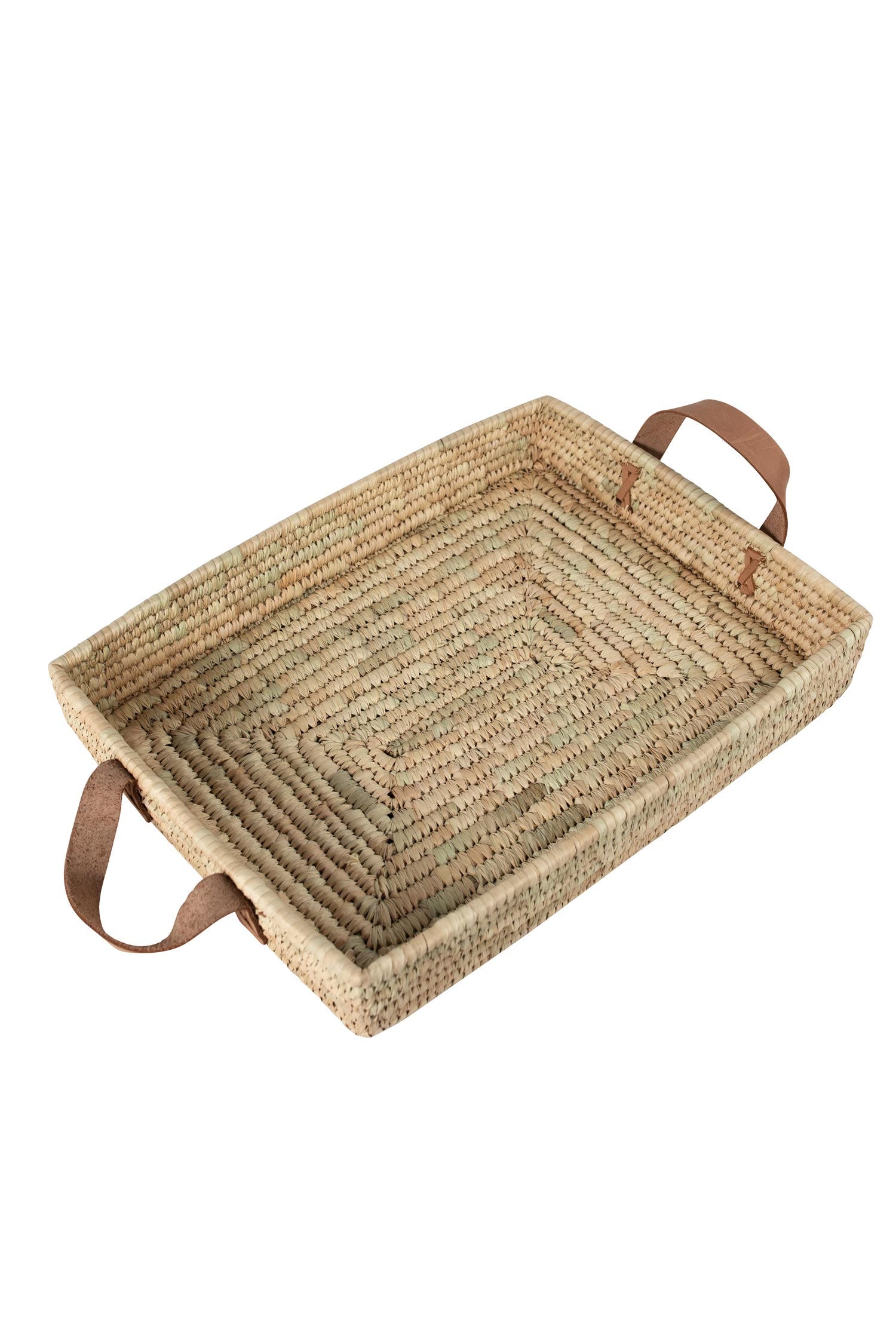 Basket casserole w/hndls p-lf/lthr 14Lx11x2.5H nat