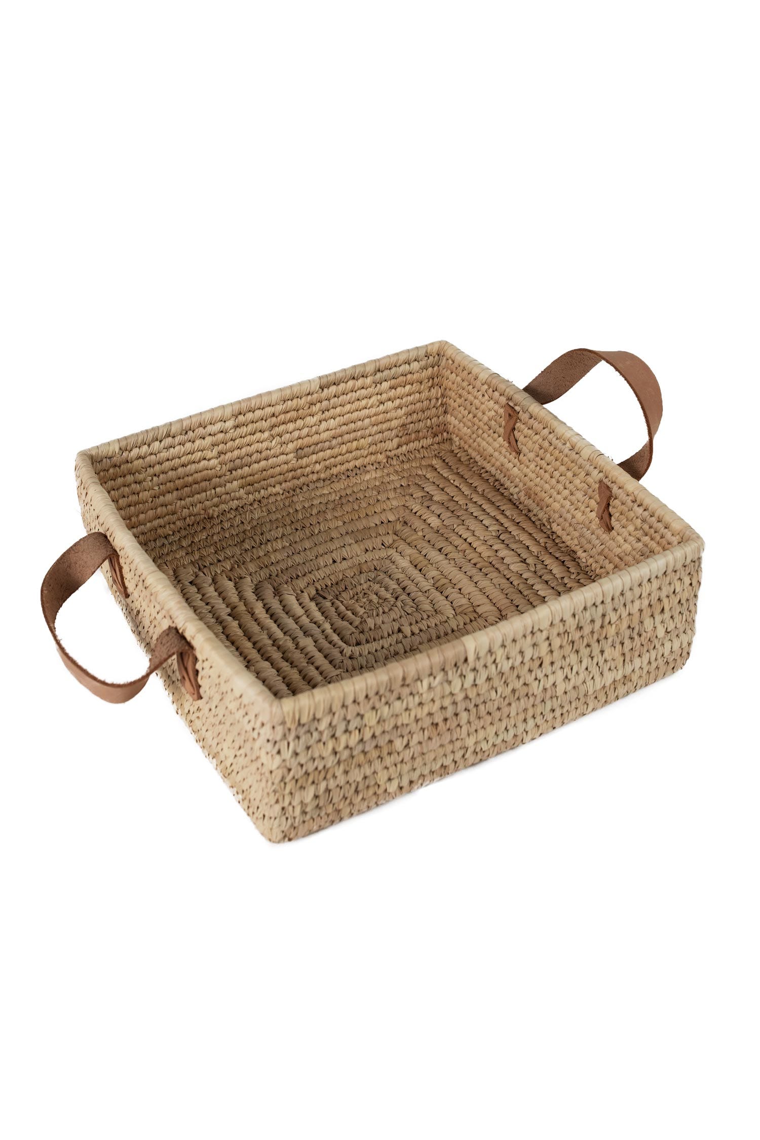 Basket w/handles p-leaf/lthr 11x11x4H nat