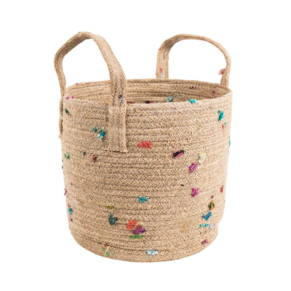Basket round w/handles jute/sari 10Dx10H brn/multi