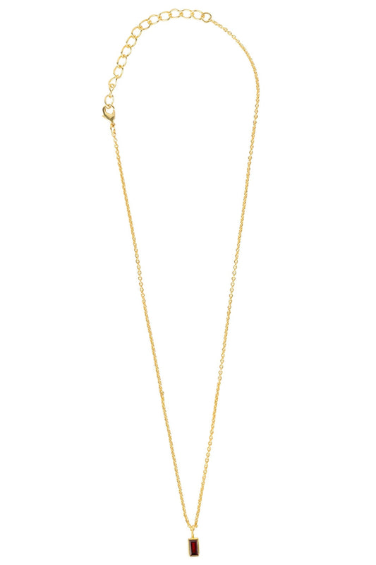 Necklace tiny rect pend garnet/brass 14.5L gld/red