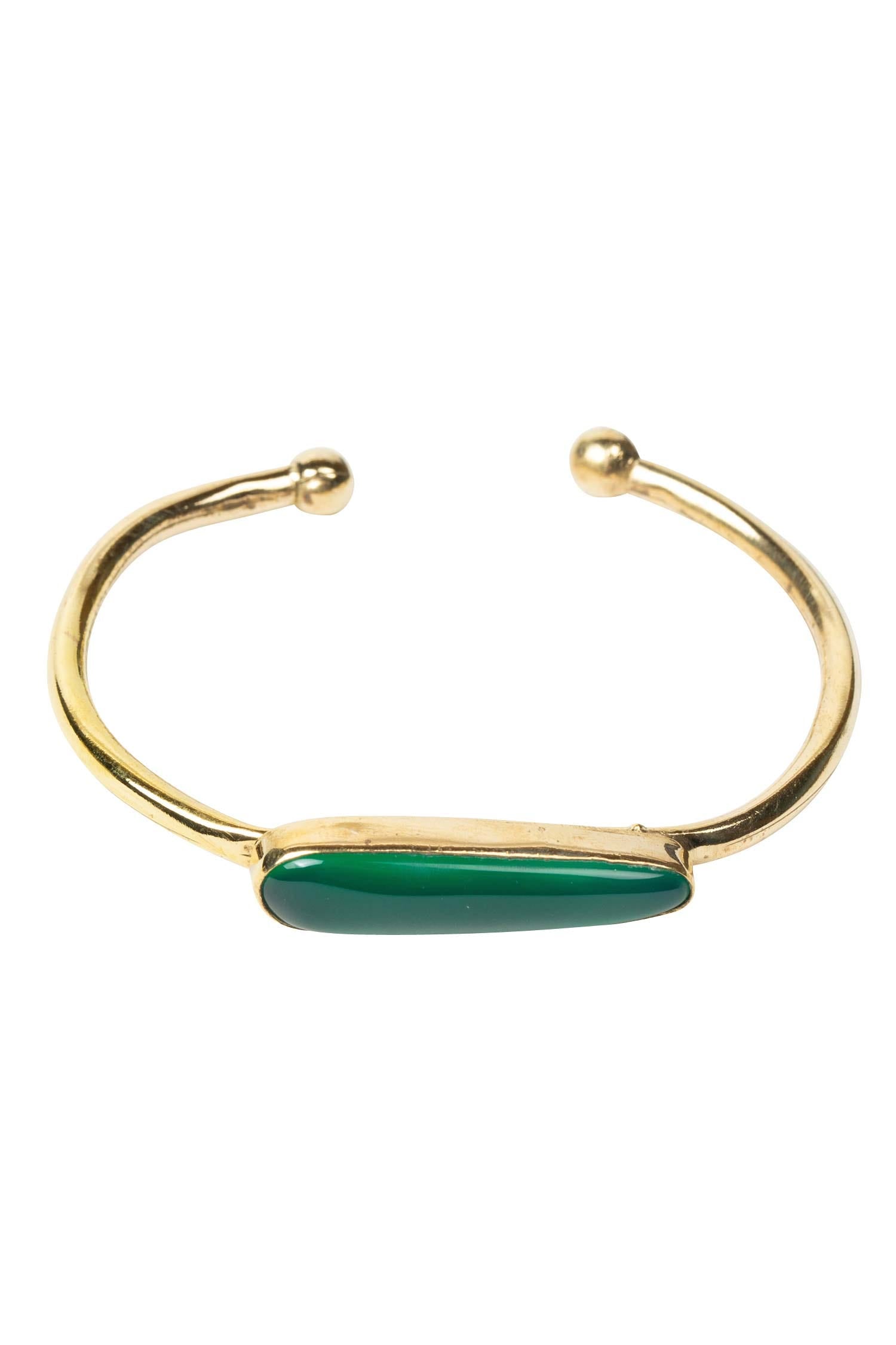 Bracelet cuff long thin oval green onyx/brass