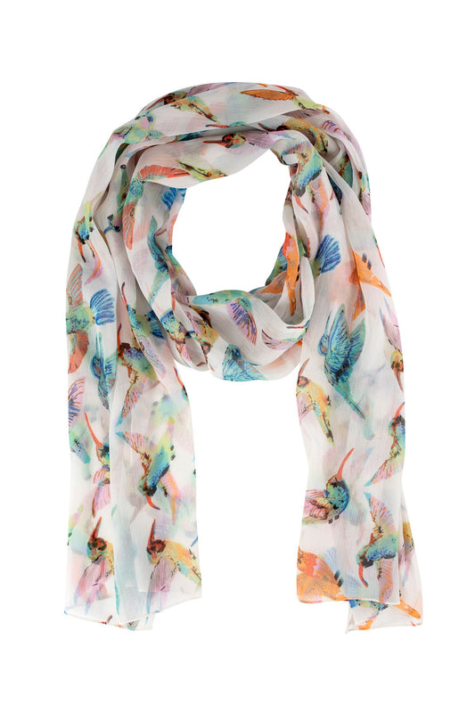 Scarf hummingbirds chiffon 72Lx22W white/multi