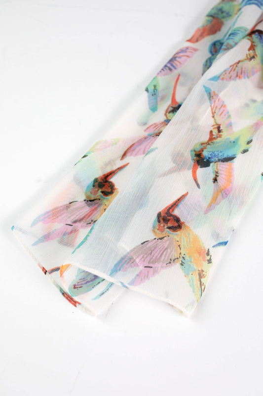 Scarf hummingbirds chiffon 72Lx22W white/multi