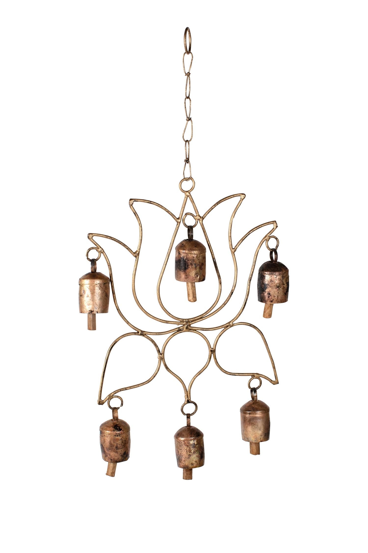 Chime lotus 6 bells iron/wood 13Lx9Wx20HO bronze