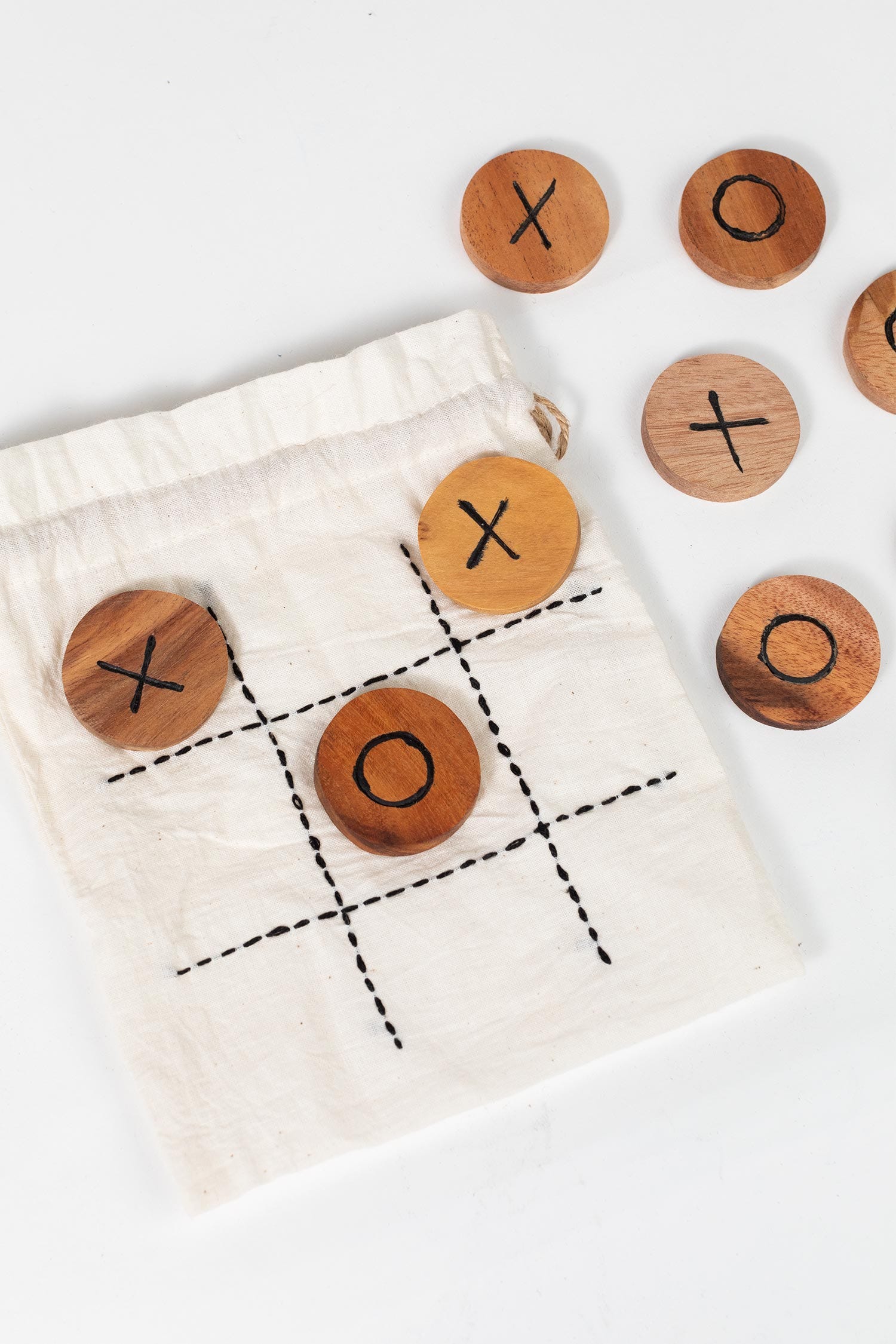 Tic Tac Toe game w/bag wood/cotton 1.5D/6x6 nat