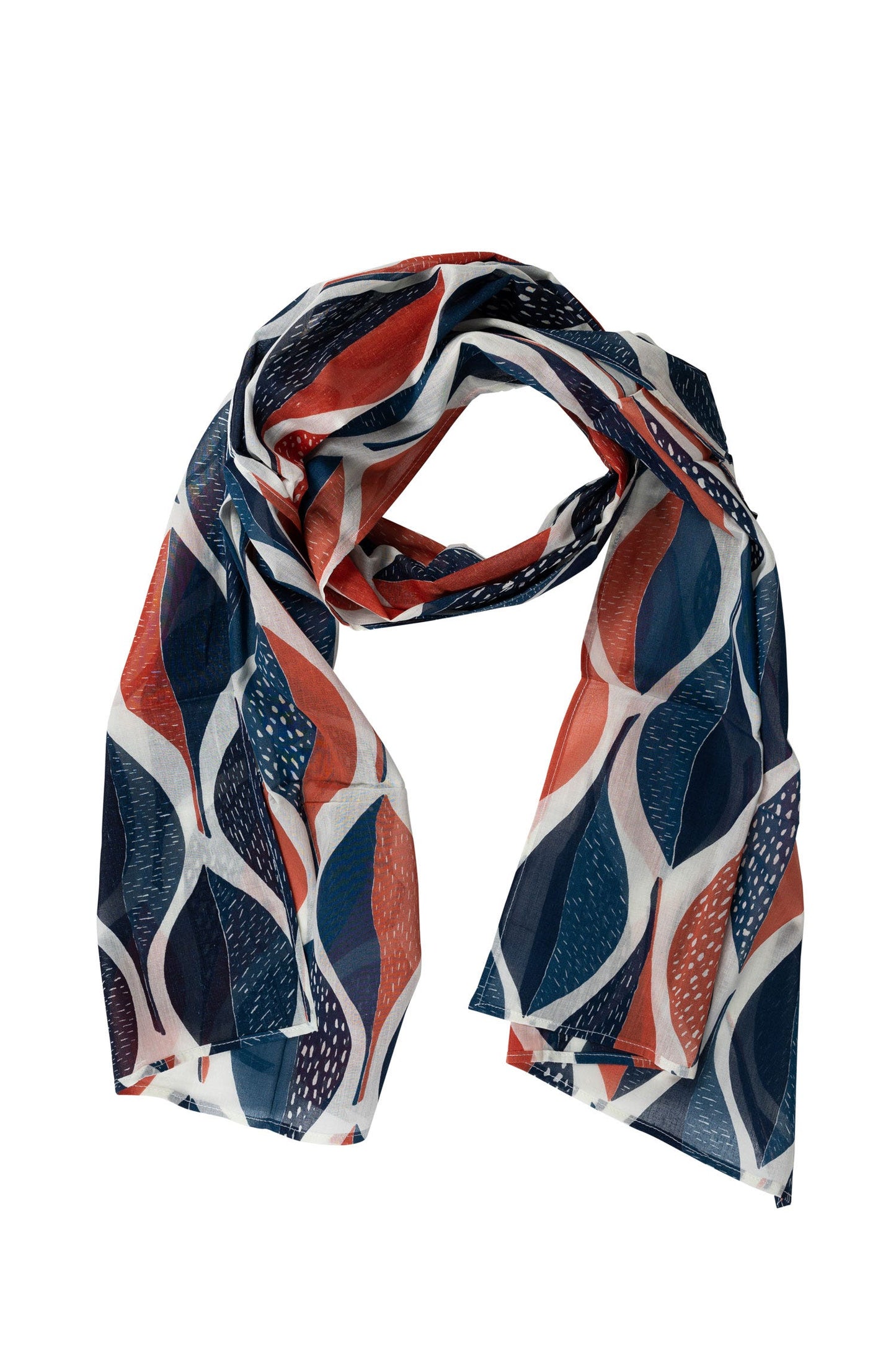 Scarf lg autumn leaves cotton 70Lx20W blu/rust/wht