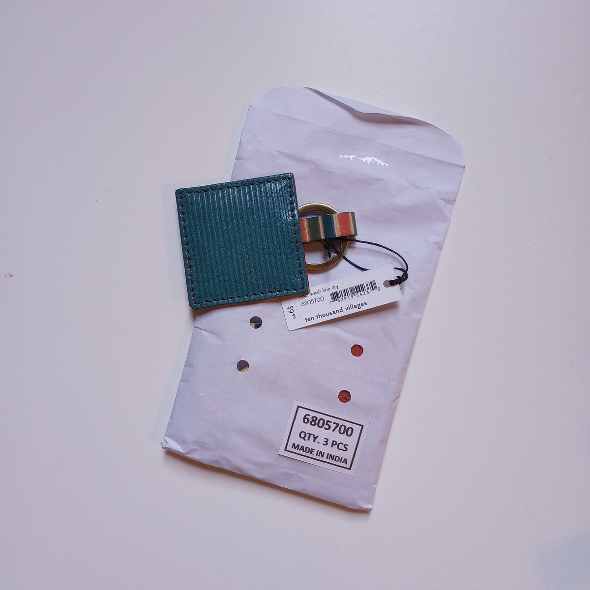 Key fob stripes M/3 lthr 2sq teal/olive/coral