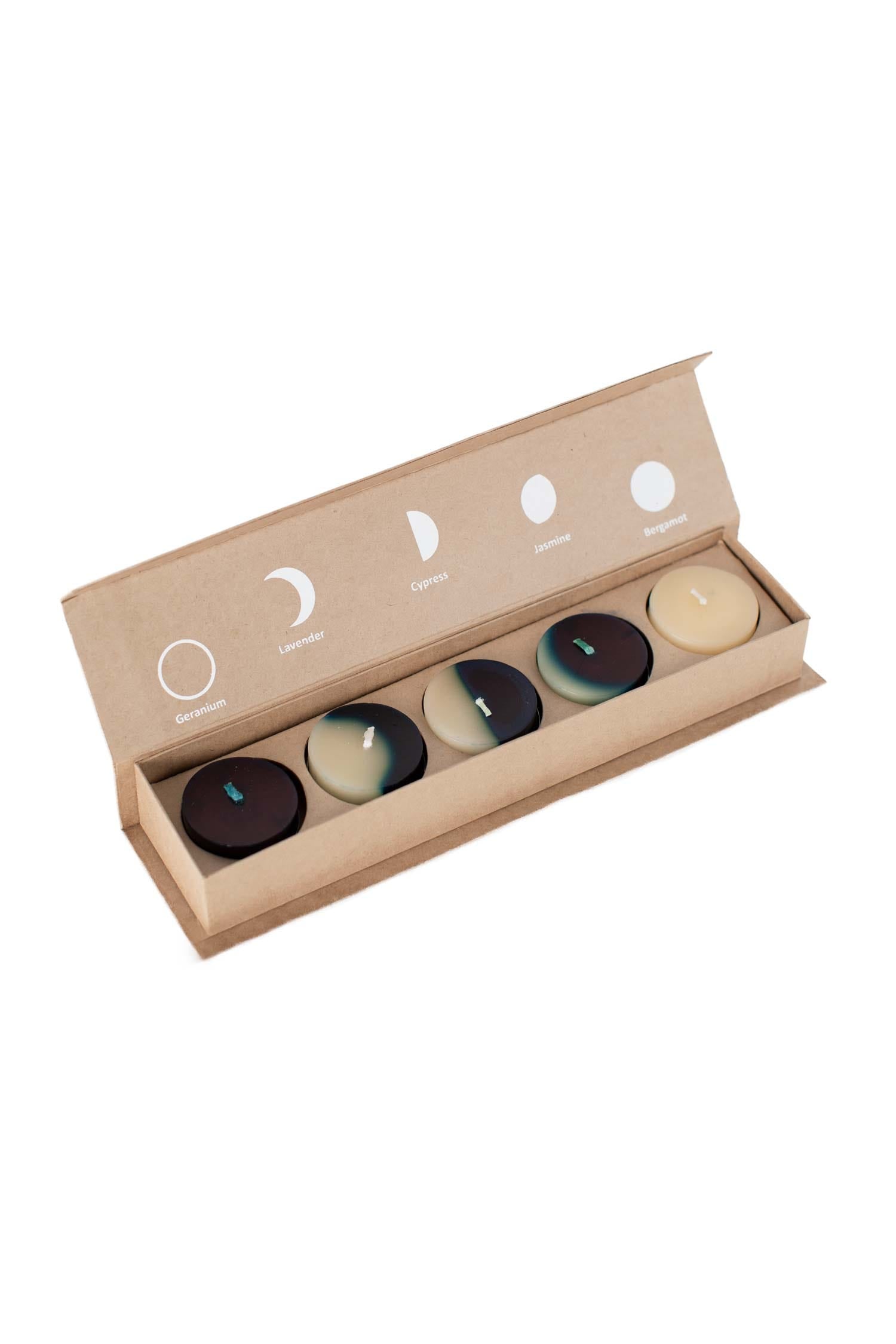 Candles tealight 5 moon phases 9.5Lx2W nat/navy