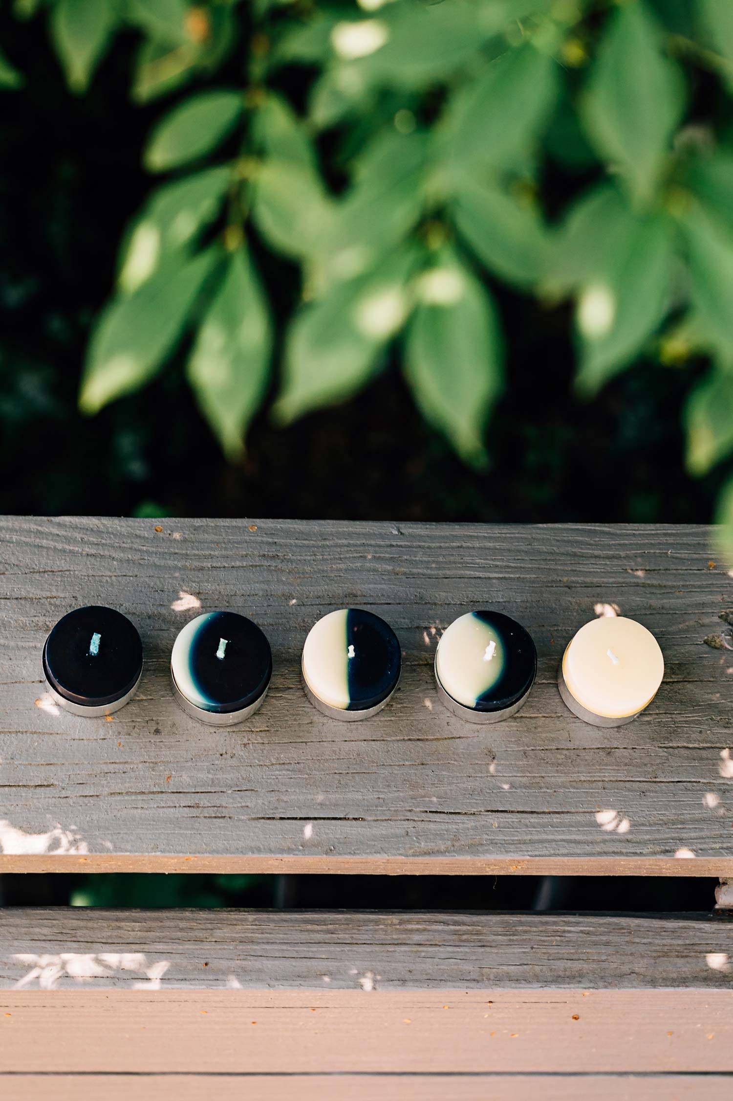 Candles tealight 5 moon phases 9.5Lx2W nat/navy
