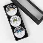 Candles in tins s/3 w/box 2D|6.5L multi/silv/blk